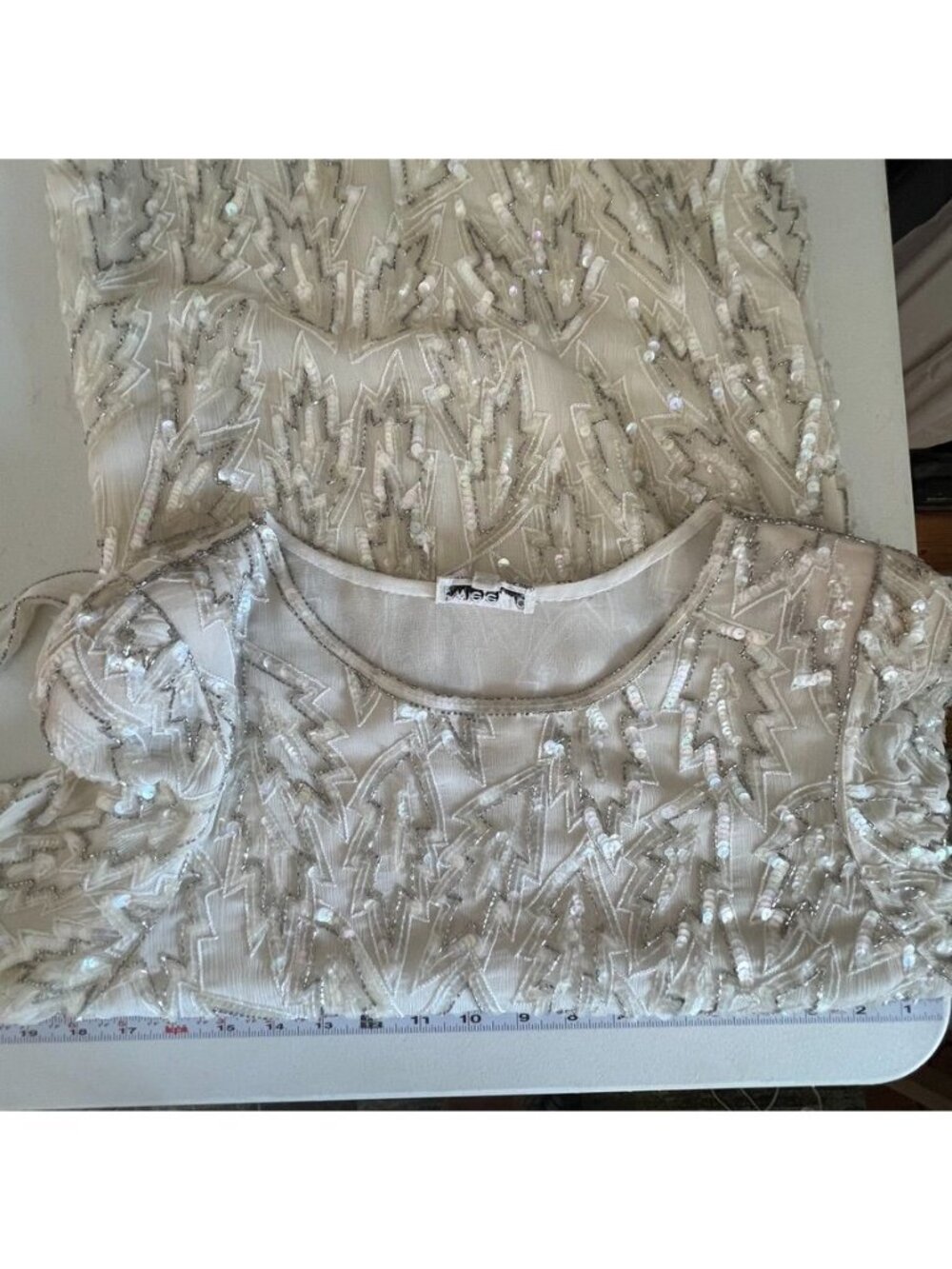 Vintage 80s Silk Sequin Beaded LWD Cocktail Bridal Wedding MOB Midi Dress M - Picture 9 of 16
